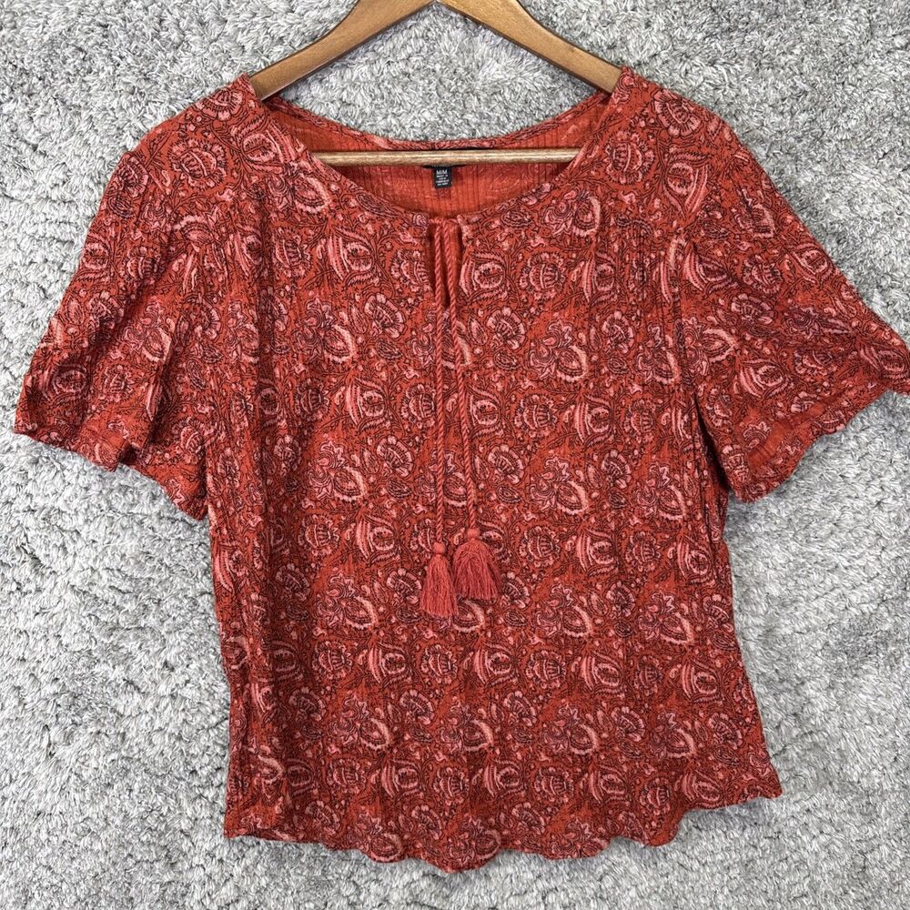 Lucky Brand Women’s Floral Peasant Top Short Sleeve Medium Red Orange Bohemian